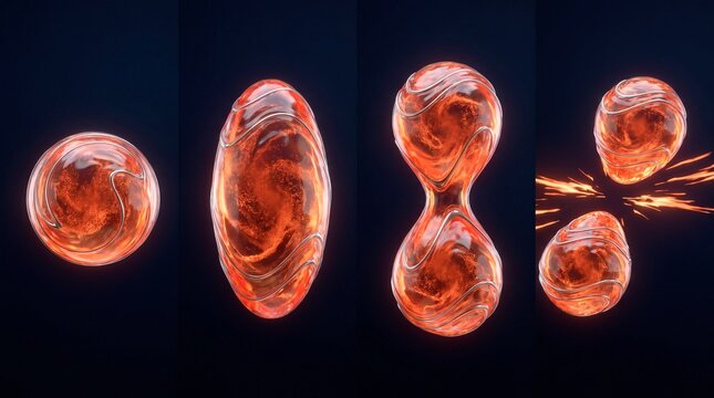 Abstract cell division process illustration, microscopic biological mitosis stages, glowing red organic spheres on dark background