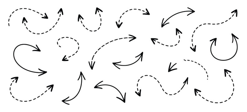 Arrows, set of black dotted arrows in doodle style, broken loop flow direction symbols, curved up down pointers, wire navigation vector illustration elements.