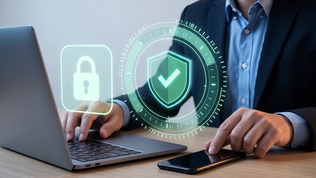 Businessman Types on Laptop and Holds Smartphone to Activate Cyber Security Lock, Display Protection Shield, Confirm Verified Access, Scan Secure Login, and Strengthen Data Privacy