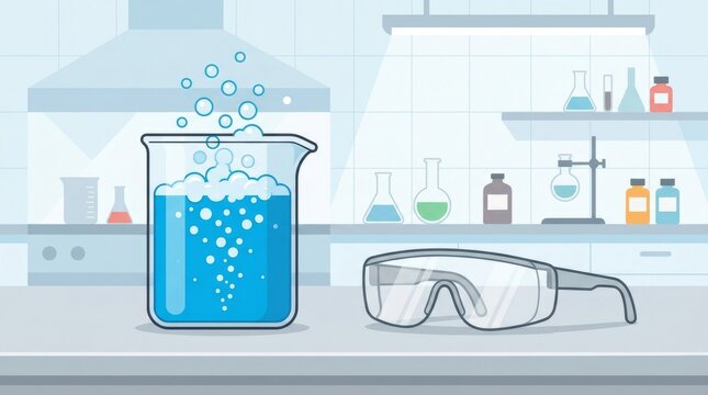 Laboratory beaker with bubbling blue liquid, safety goggles, chemistry lab background, science equipment, educational illustration