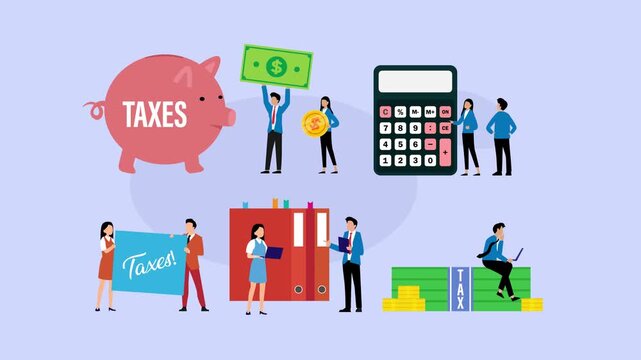 Tax Preparation and Financial Management with Professional Accountants, Piggy Bank, and Calculator cartoon animation