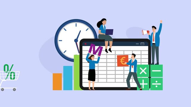 Financial Planning and Data Management with Business Professionals, Spreadsheet Tablet, and Time Management Clock cartoon animation