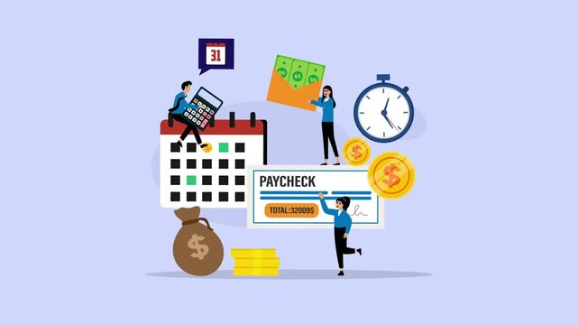 Payroll and Payday Concept with Tiny People, Paycheck, Calendar, Money, and Stopwatch cartoon animation