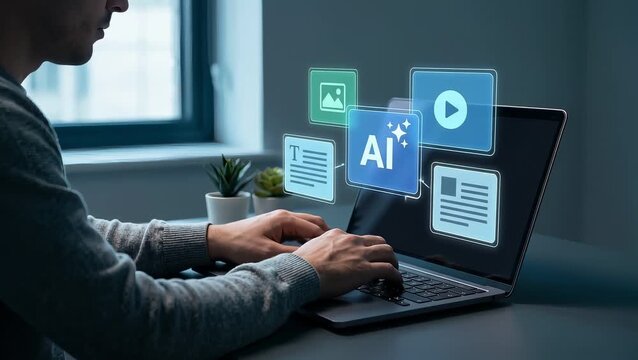Businessman Types on Laptop at Home Desk to Generate Digital Content, Display Image Photo Icon, Create Video Play Panel, Edit Text Document, and Produce Creative Media Output