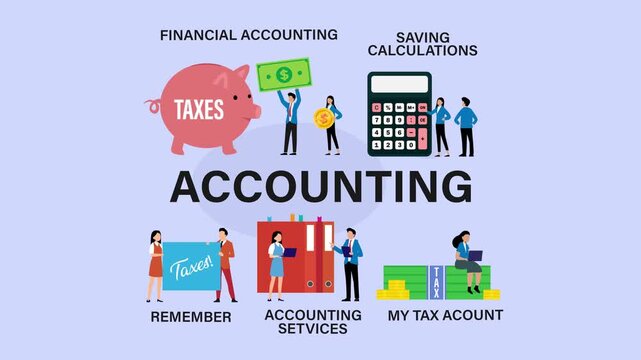 Financial Accounting and Tax Planning Concept Infographic with Tiny Business People and Money cartoon animation