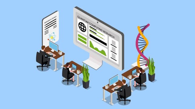 Quantum Computing Research Team Analyzing DNA and Scientific Data Quantum Computing Research Team Analyzing DNA and Scientific Data 3d animation cartoon
