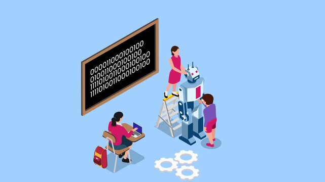 STEM Education Classroom with Kids Learning Coding and Building a Robot 3d animation cartoon