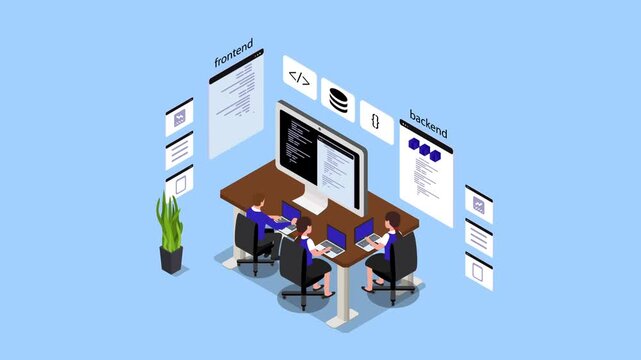 Full Stack Development Team Coding Frontend and Backend Web Architecture 3d animation cartoon