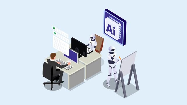 artificial intelligence in the workplace with robots and a human collaborating on computer tasks and design 3d animation cartoon