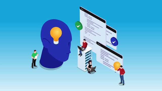 Artificial intelligence and machine learning concept with programming team, data servers, and human head icon 3d animation cartoon
