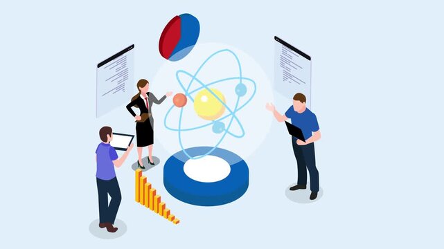 data science and quantum computing concept with research team analyzing atom model and business charts 3d animation cartoon