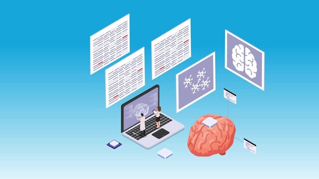 AI Brain Research with Scientists, Laptop, and Data Analysis 3d animation cartoon