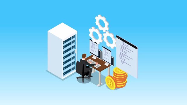 Cryptocurrency Mining, Blockchain Engineering and Server Data Processing 3d animation cartoon