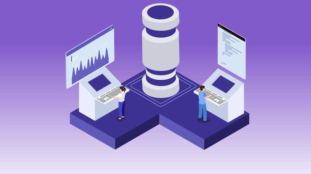Big Data Center and Server Administration Concept 3d animation cartoon