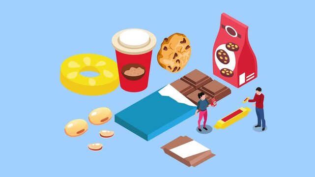Sweets and Snacks Concept with Chocolate, Cookies, Coffee, and People 3d animation cartoon