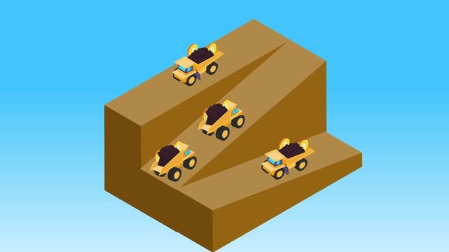 Bitcoin Mining and Cryptocurrency Extraction Concept with Dump Trucks 3d animation cartoon