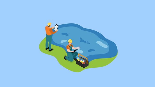environmental scientists testing water quality and collecting lake samples 3d animation cartoon