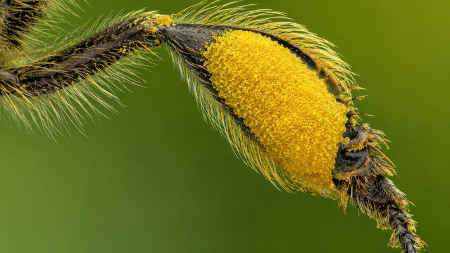 Bee Hind Leg Carrying a Dense Load of Yellow Pollen, Pollination, agricultural productivity, biodiversity and ecosystem services supporting food production