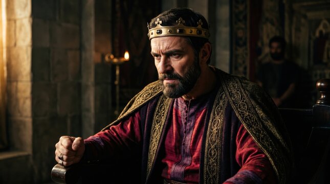 Angry King Herod wearing crown sitting on throne in ancient stone palace. Biblical scene depicting rage of ruler against authority. Historical drama character in luxury royal garment.