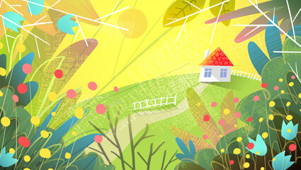 Obraz premium Country cottage house in nature background in bright colors and abstract nature shapes. Nature scene for eco design and countryside decor. Vector cartoon illustration hand drawn style for children.