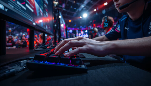 大会会場でキーボードを操作するeスポーツ選手の手元