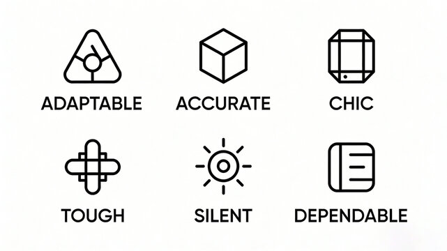 Six black linear device attribute icons represent the concept of precise adaptation, silent reliability, and are suitable for annotating the characteristics of precision home appliances.
