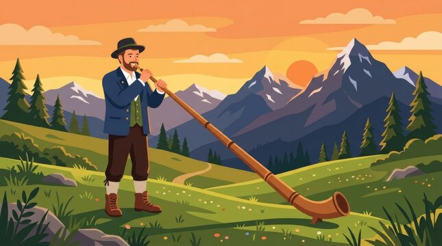Alpine musician, traditional Bavarian outfit, playing alphorn, mountain landscape, sunset
