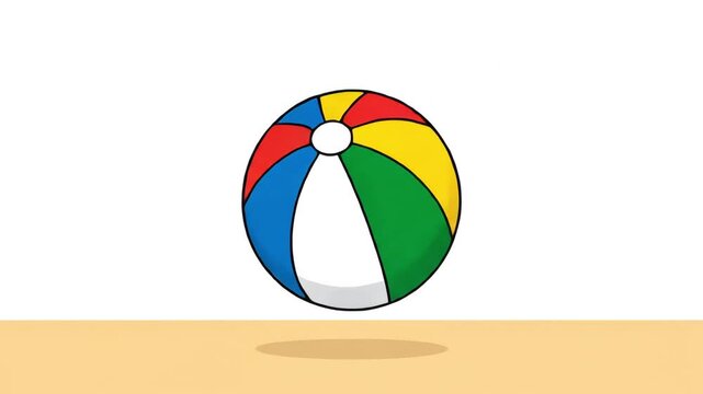Colorful striped beach ball rolling and bouncing on a sandy surface against a white background