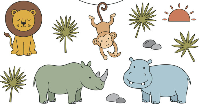Cute Safari Jungle Animals Vector Icon Set with Baby Lion, Monkey, Rhinoceros, Hippopotamus, and Tropical Palm Leaves for Nursery Wall Art Designs