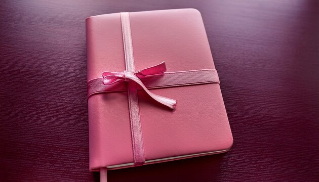 closed elegant pink notebook with elastic band and ribbon bookmark