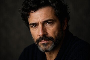 Obraz premium A middle-aged man with dark, curly hair and a beard is looking intensely at the camera against a dark background.