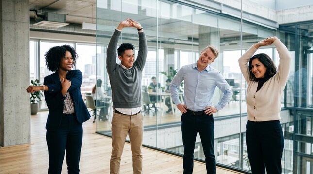 Smiling diverse businesspeople stretching hands and neck during active work break in modern glass office, multiethnic happy team practicing executive corporate wellness and health care.