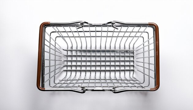 empty metal shopping basket overhead view isolated on white background