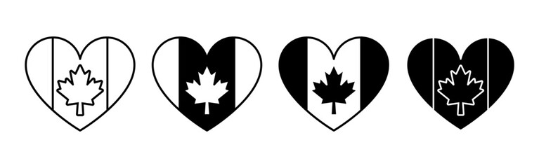 Fototapeta premium Set of Four Heart-Shaped Canadian Flag Icons in Different Styles.