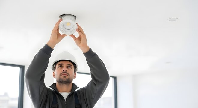 Electrician installing a modern LED downlight into a white ceiling during home renovation work.