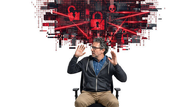 Distressed man reacts to a major digital cybersecurity threat and data breach. An alarming red network of symbols, padlocks, and skulls indicates system vulnerability