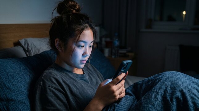Young Asian woman using smartphone in bed at night. Sleep deprivation, blue light screen effect, social media addiction and insomnia concept.