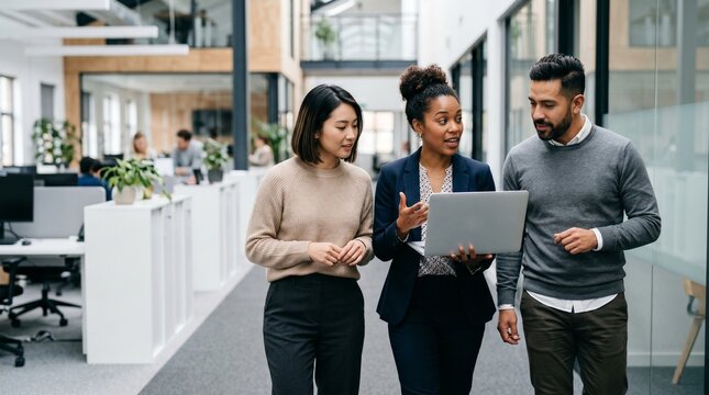 Diverse business partners holding laptop walking in open space office discussing dynamic project strategy corporate collaboration professional finance advisory teamwork consulting group