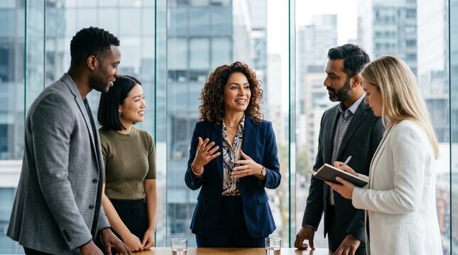Professional business team having a collaborative meeting in a modern bright office with city views, diverse colleagues discussing strategy, creative brainstorming session, corporate environment.