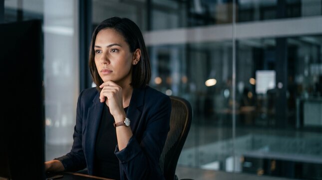 Thoughtful professional businesswoman working late at computer in modern office at night. Focused corporate executive analyzing data with serious expression for corporate financial project success.
