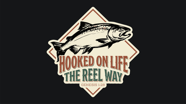 Hooked on life. Fishing adventure vintage print design for t shirt. Reel way graphic. Outdoors lifestyle artwork.