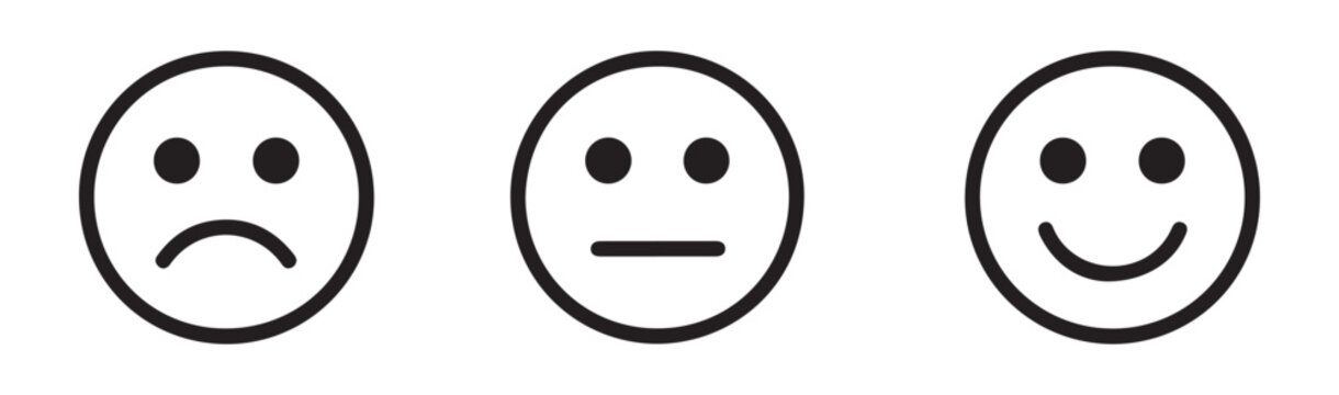 Outline emoticons: sad, neutral, and happy faces expressing various human emotions.