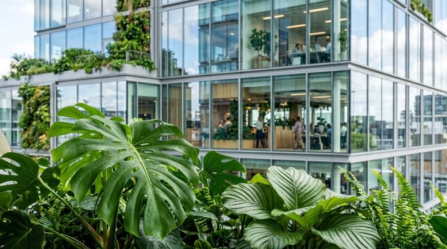 Modern office building exterior with glass facade and green biophilic vertical garden walls. Eco friendly sustainable architecture.