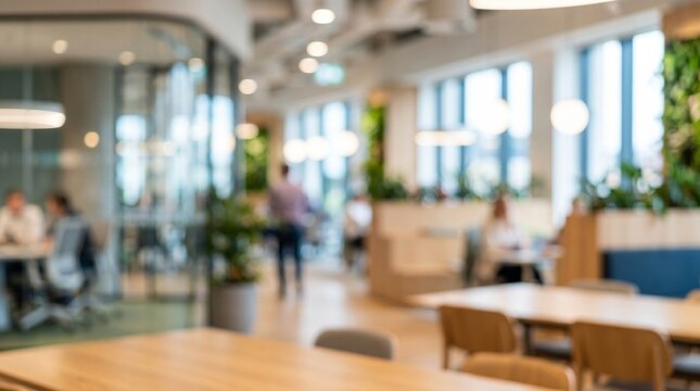 Blurred modern open space office background with green plant walls and soft lighting. Sustainable interior workspace, corporate biophilic design, commercial eco concept.