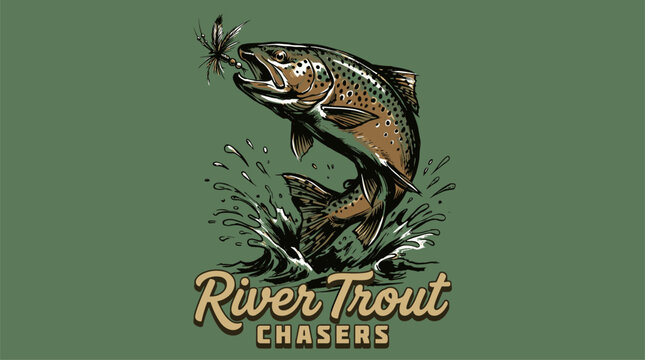 River trout chasers. Fishing adventure vintage print design for t shirt. Explore more. Trout fish artwork.