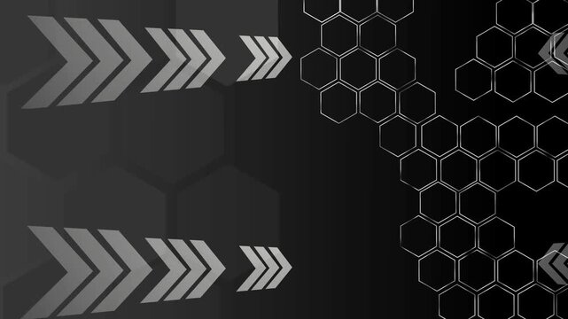 Abstract technology background with glowing arrows and hexagon pattern on dark dark gradient animation