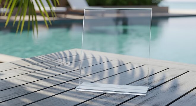 Transparent acrylic display stand on a wooden deck next to a swimming pool with palm tree shadows, perfect for product presentations or menu displays.