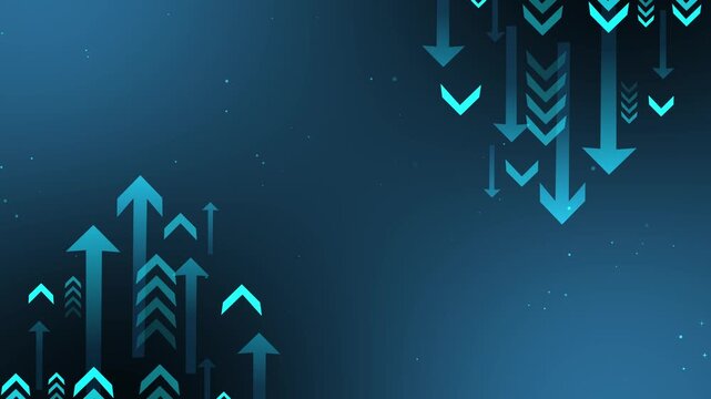 Abstract background with rising and falling arrows showing growth decline data flow and business trend concepts animation