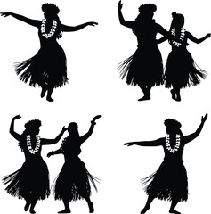 Hawaiian Hula Dancers Silhouette Set with Traditional Grass Skirts and Flower Lei Garlands Performing Tropical Polynesian Dance Vector Illustration © Arifuxxaman