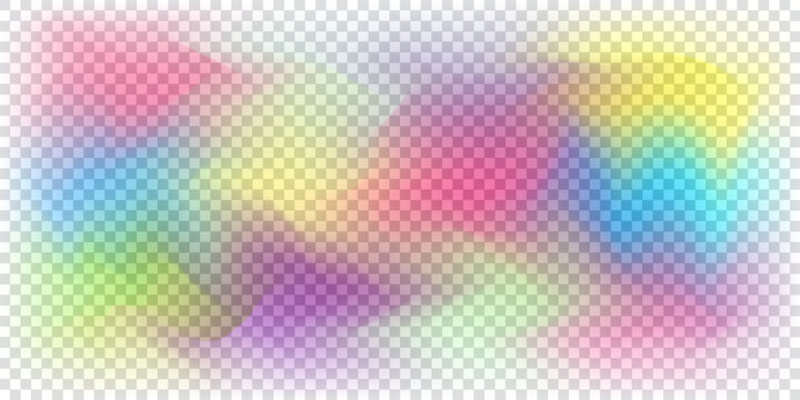Rainbow light prism effect, transparent background. Hologram reflection, crystal flare leak shadow overlay. Vector illustration of abstract blurred iridescent light backdrop.